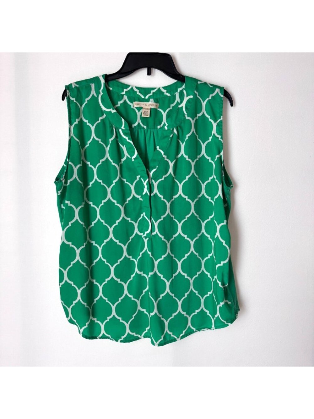 Hanna & Gracie‎ Women Green White Sleeveless Trellis Print Blouse Size XXL
